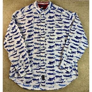 Vtg Tommy Hilfiger Fighter Jet All Over Print Shirt Large Cotton Button Collar